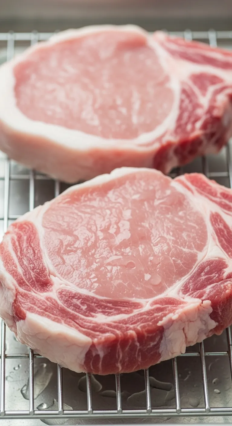 Fresh pork chops resting on a rack after marinating in pickle juice