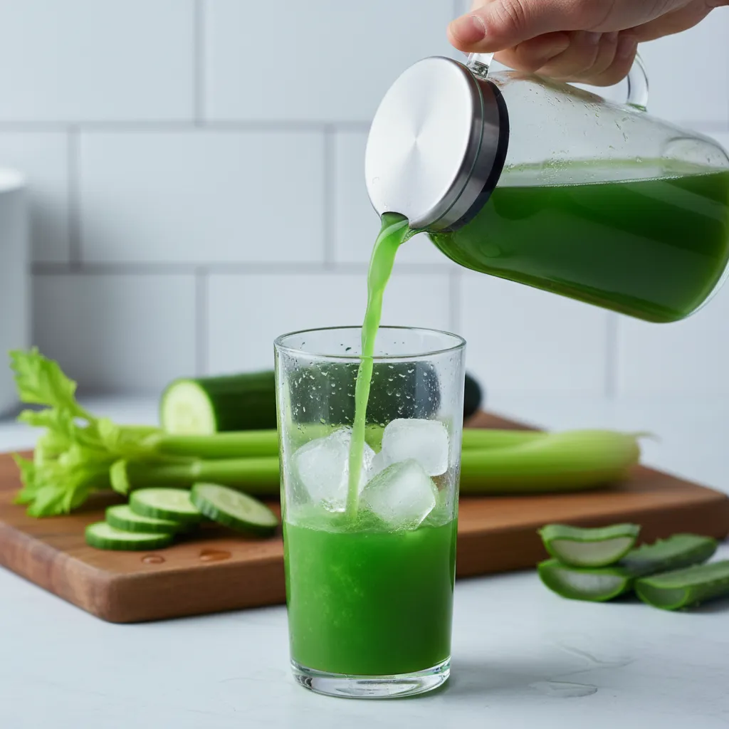 Bright green juice being poured into a glass with ice cubes