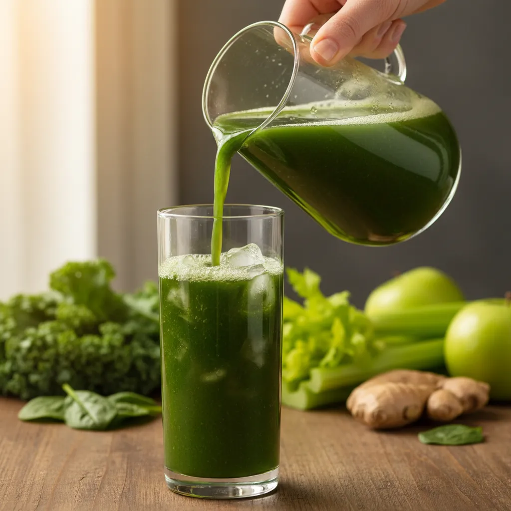 Fresh green juice being poured into a glass with ice.