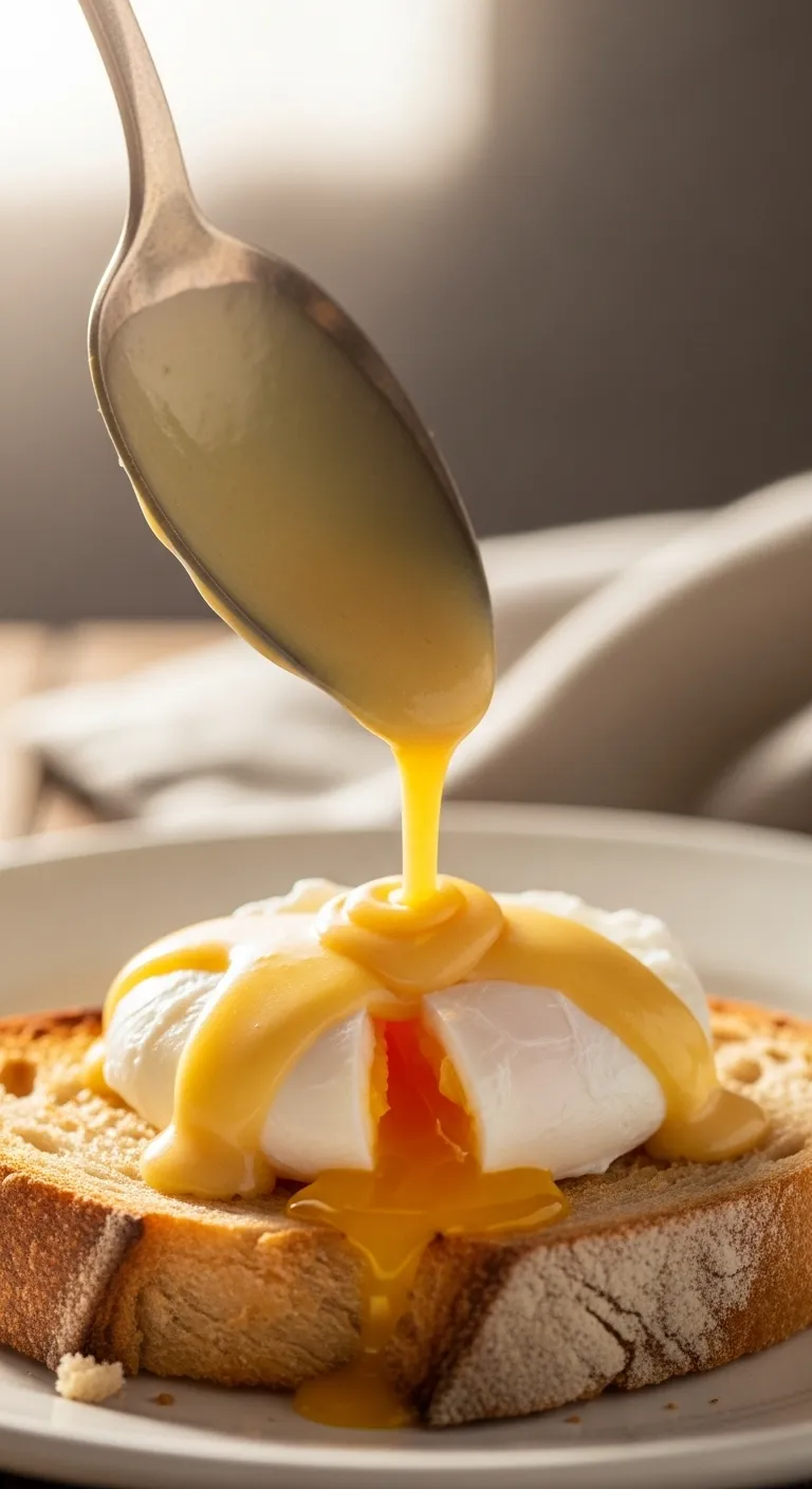 Golden hollandaise sauce being poured over poached eggs and asparagus