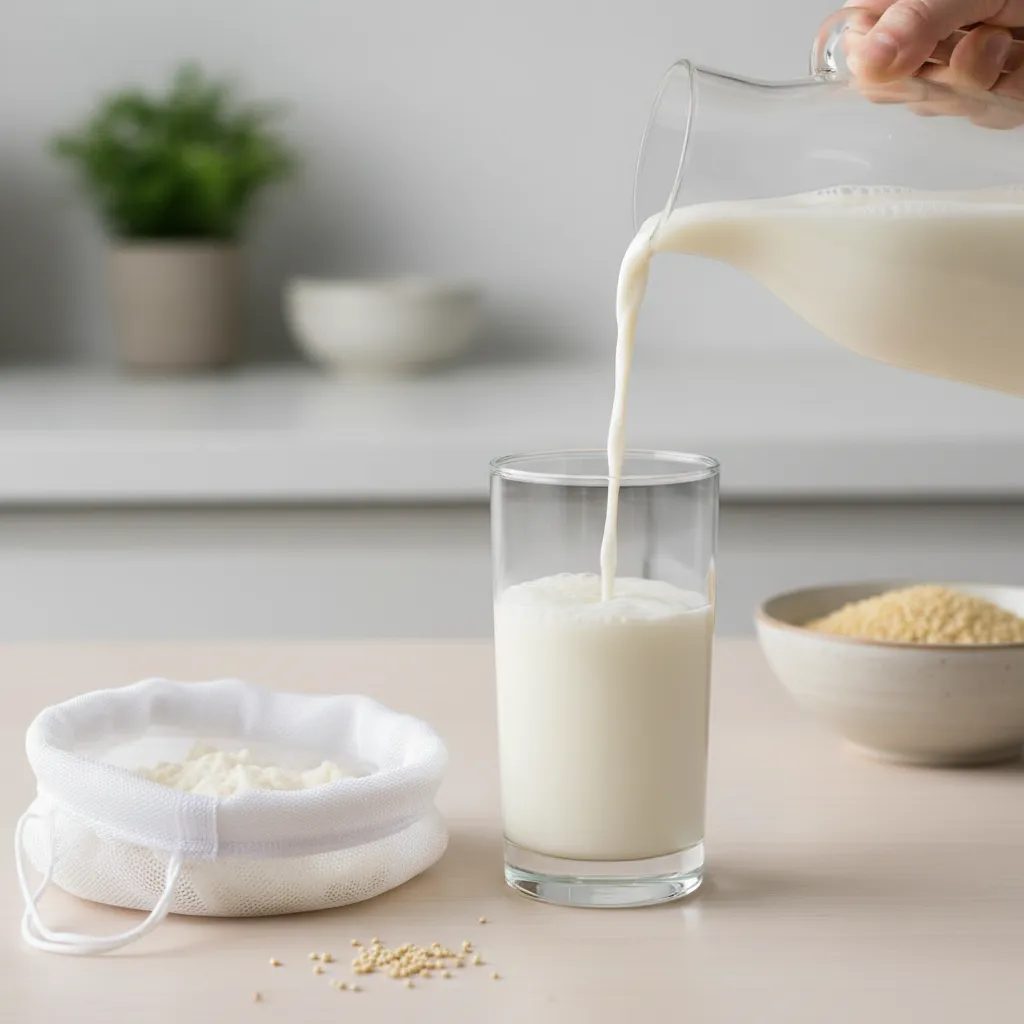 Fresh homemade quinoa milk being poured into a glass