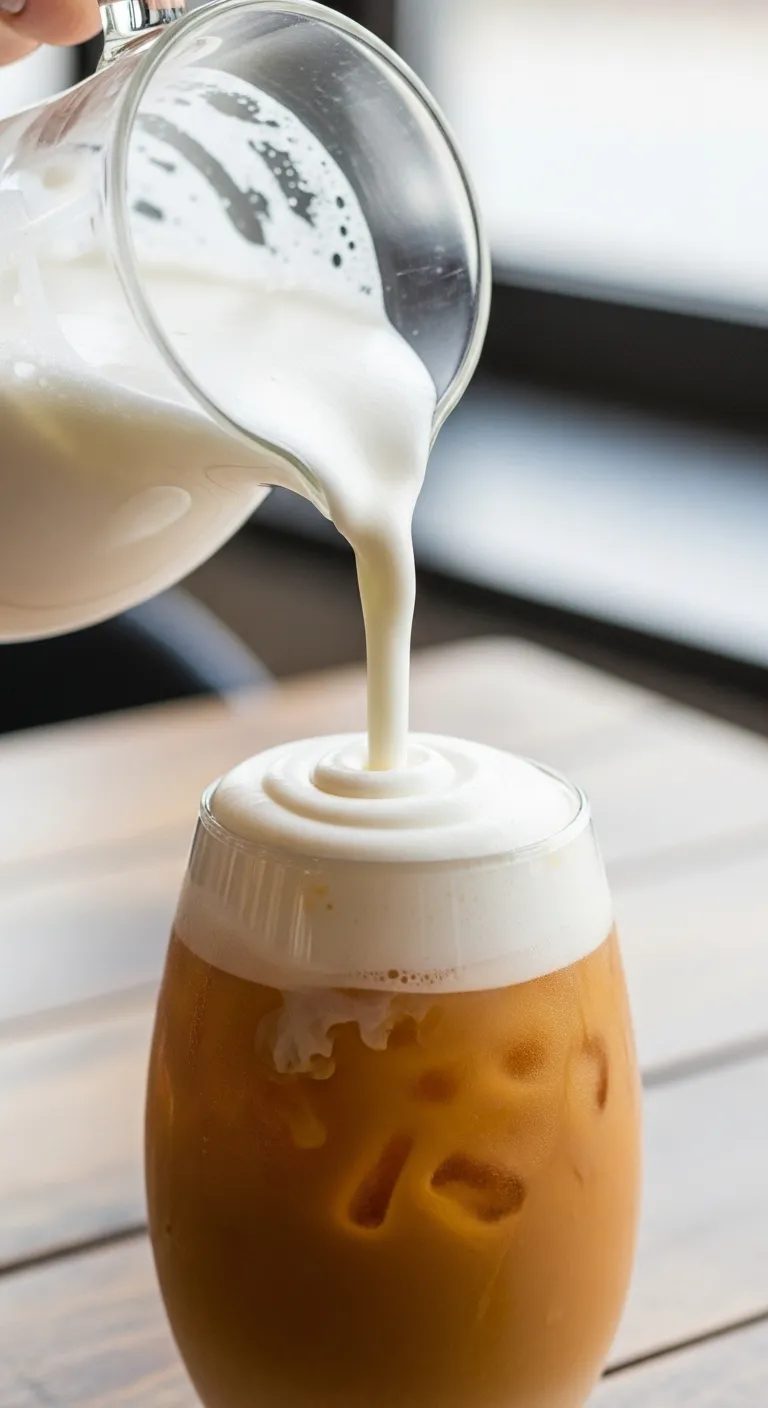 Velvety homemade cold foam being poured over an iced chai tea latte in a tall glass