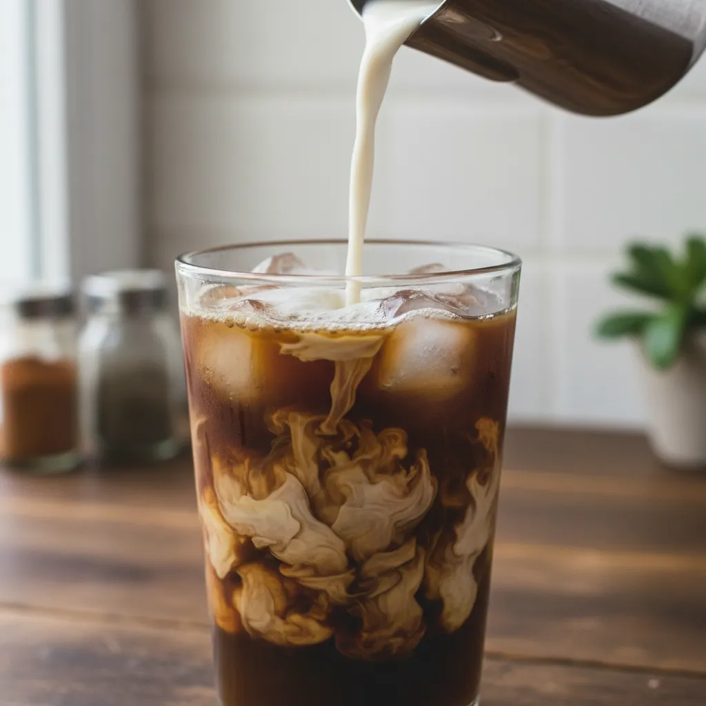 Creamy milk swirling into iced chai tea concentrate