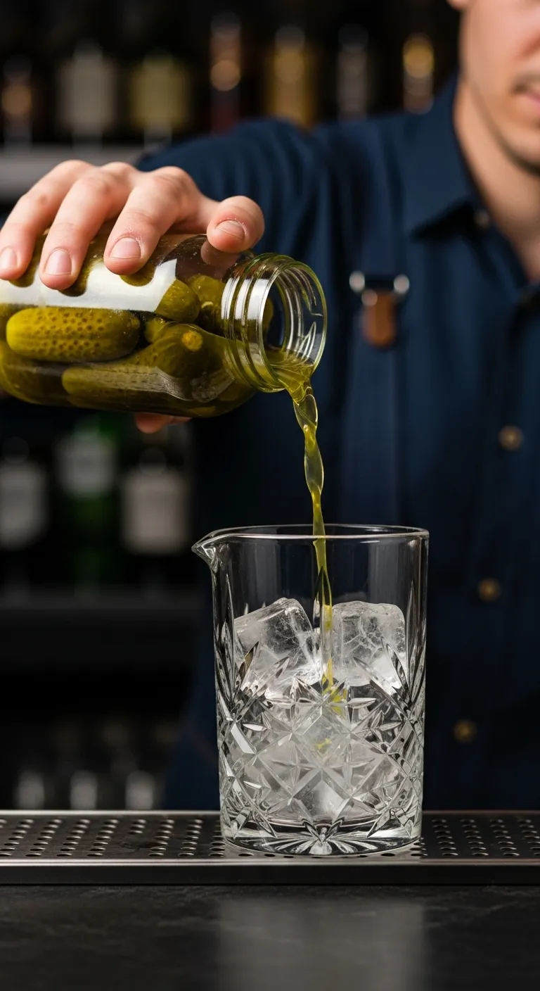 Bartender pouring leftover pickle juice into a mixing glass for a savory cocktail