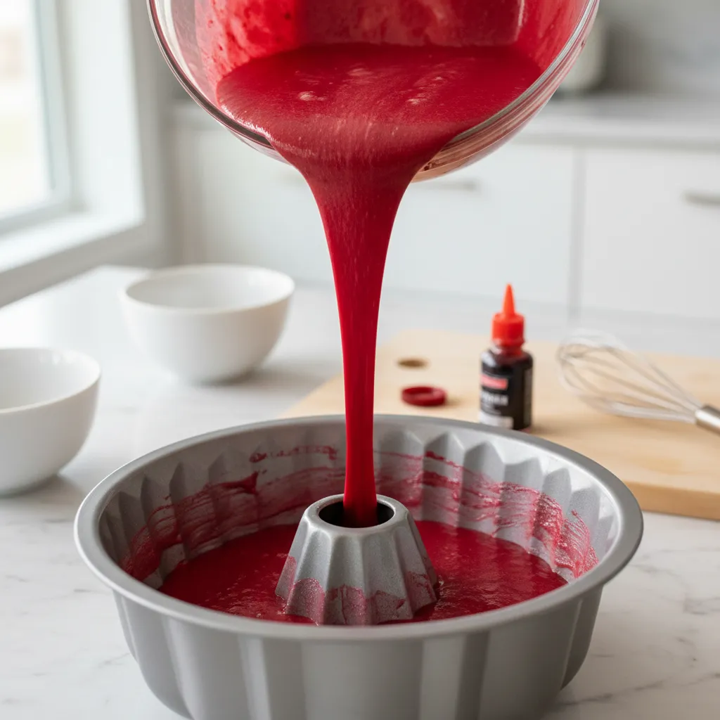 Red velvet cake batter being poured into a greased baking pan