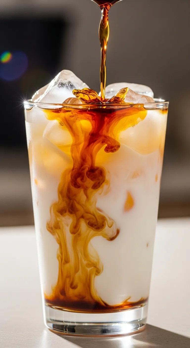 Swirling Tazo chai concentrate and milk in a glass over ice