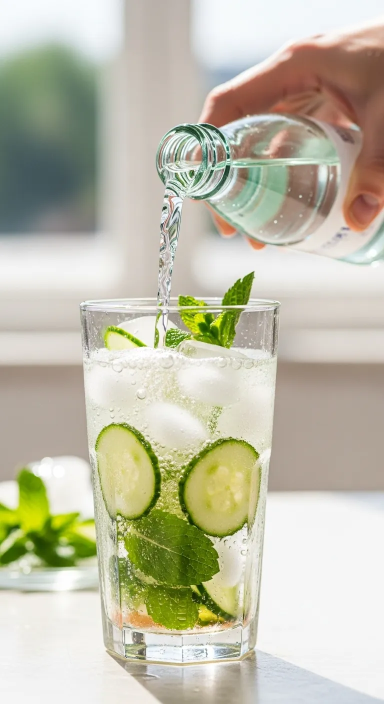 Pouring sparkling water into a glass with cucumber