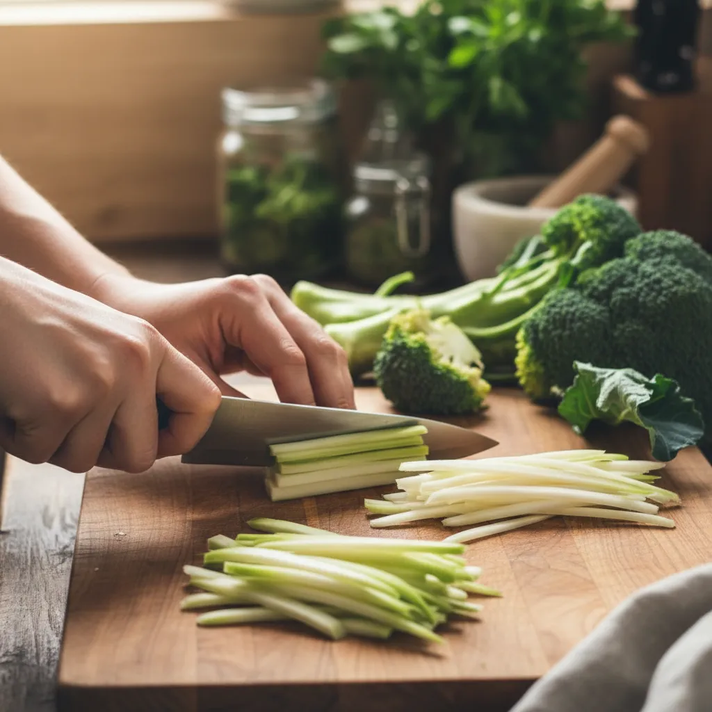 Peeled broccoli stems sliced for cooking