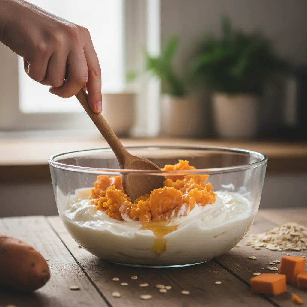 Mashing sweet potatoes for a healthy casserole recipe