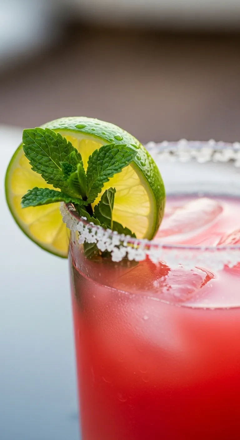 A perfectly garnished glass of watermelon limeade