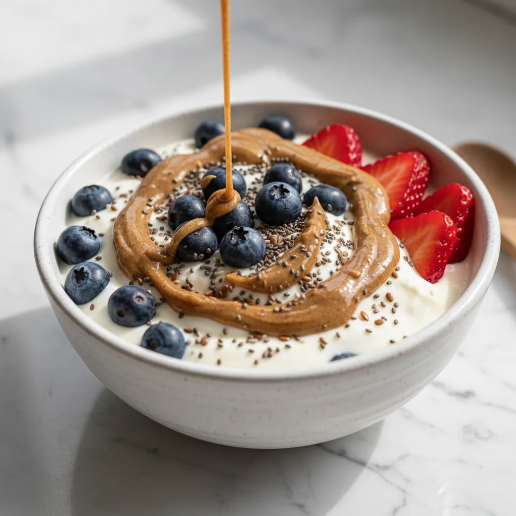 Greek yogurt power bowl with berries, almond butter, and seeds on a marble counter