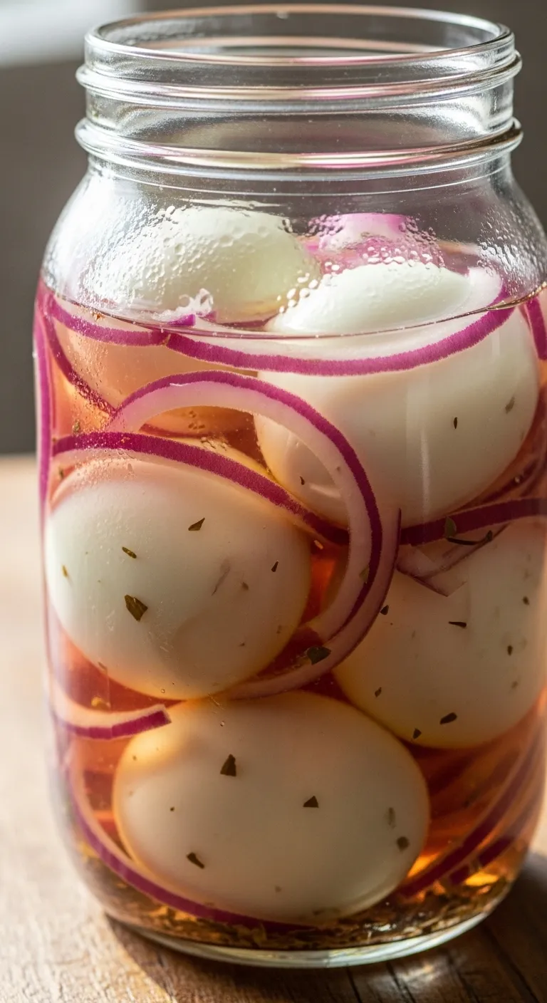 Hard boiled eggs and onions marinating in leftover pickle juice