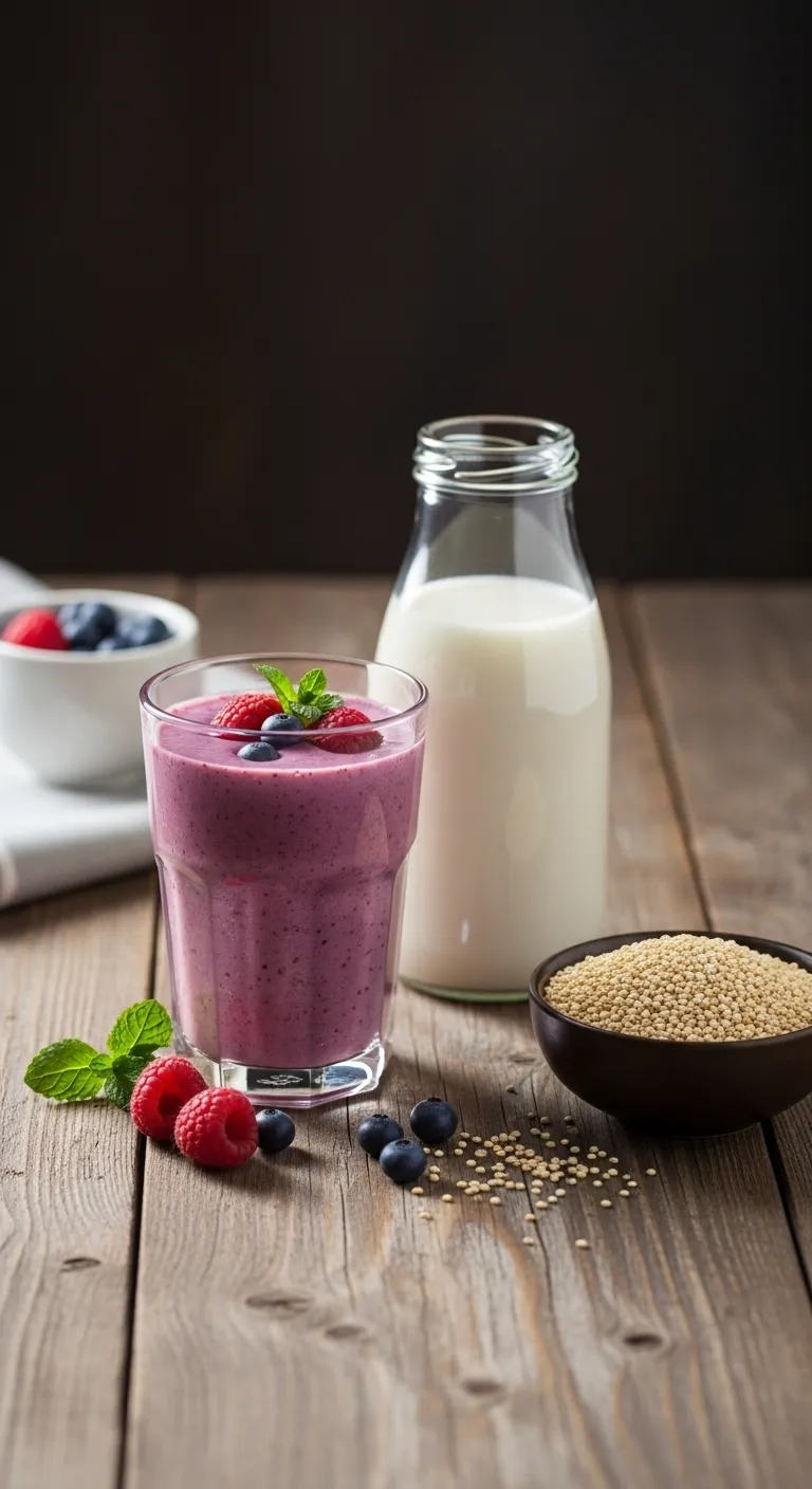 Creamy berry quinoa smoothie next to a bottle of homemade quinoa milk