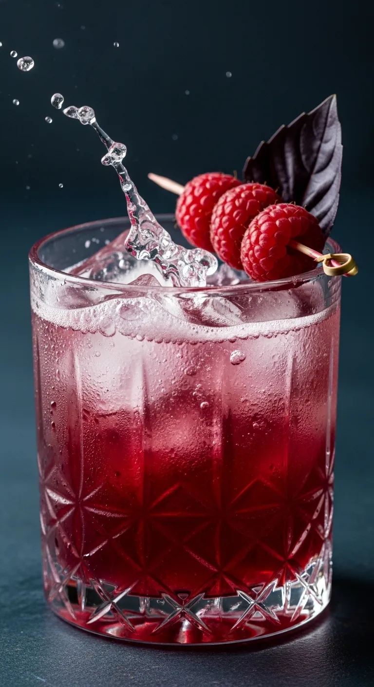Elegant raspberry and balsamic vinegar shrub mocktail with fresh basil garnish