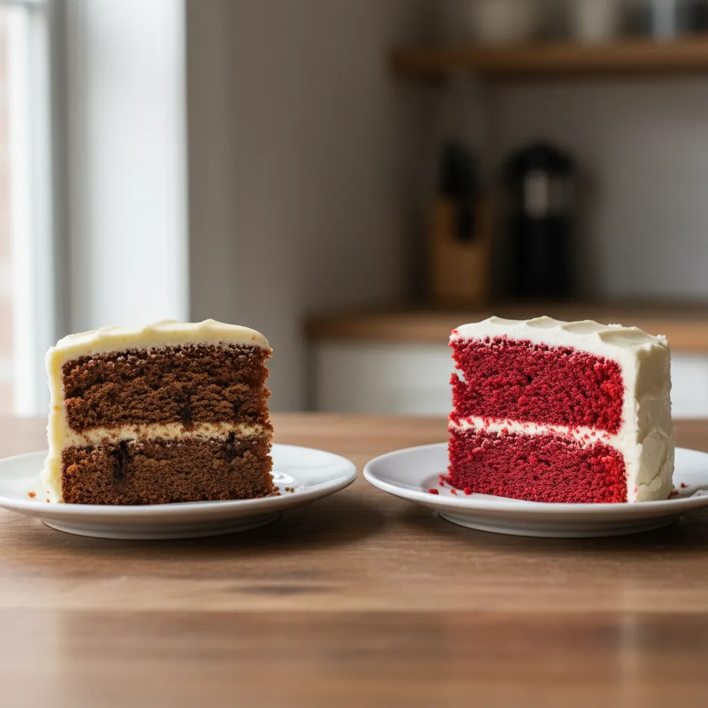 Comparison of a brown tinted cake versus a bright red cake slice