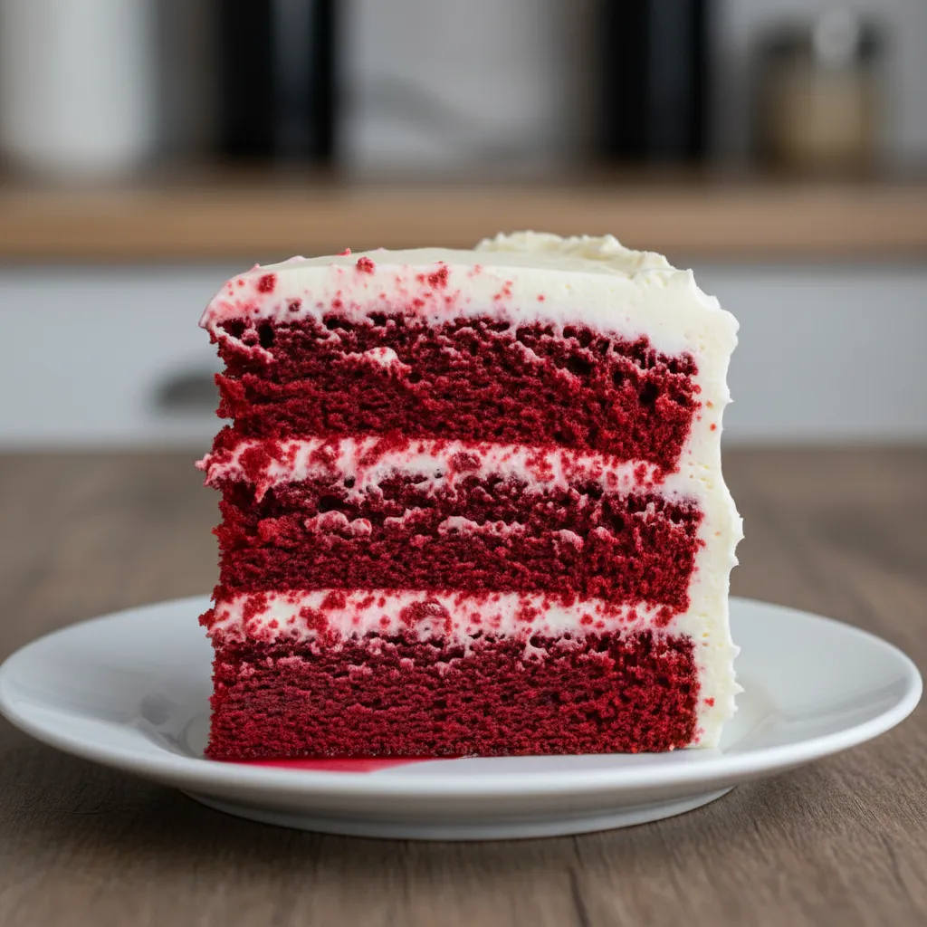 Red cake crumbs bleeding into white cream cheese frosting