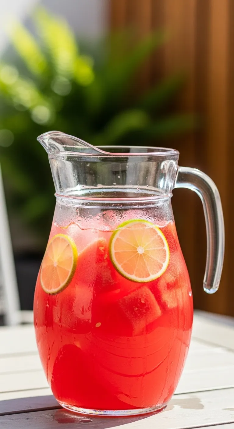 A large pitcher of pink watermelon limeade for a summer BBQ