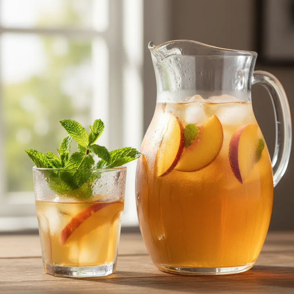 A pitcher of fruit infused sweet iced tea with peaches and mint
