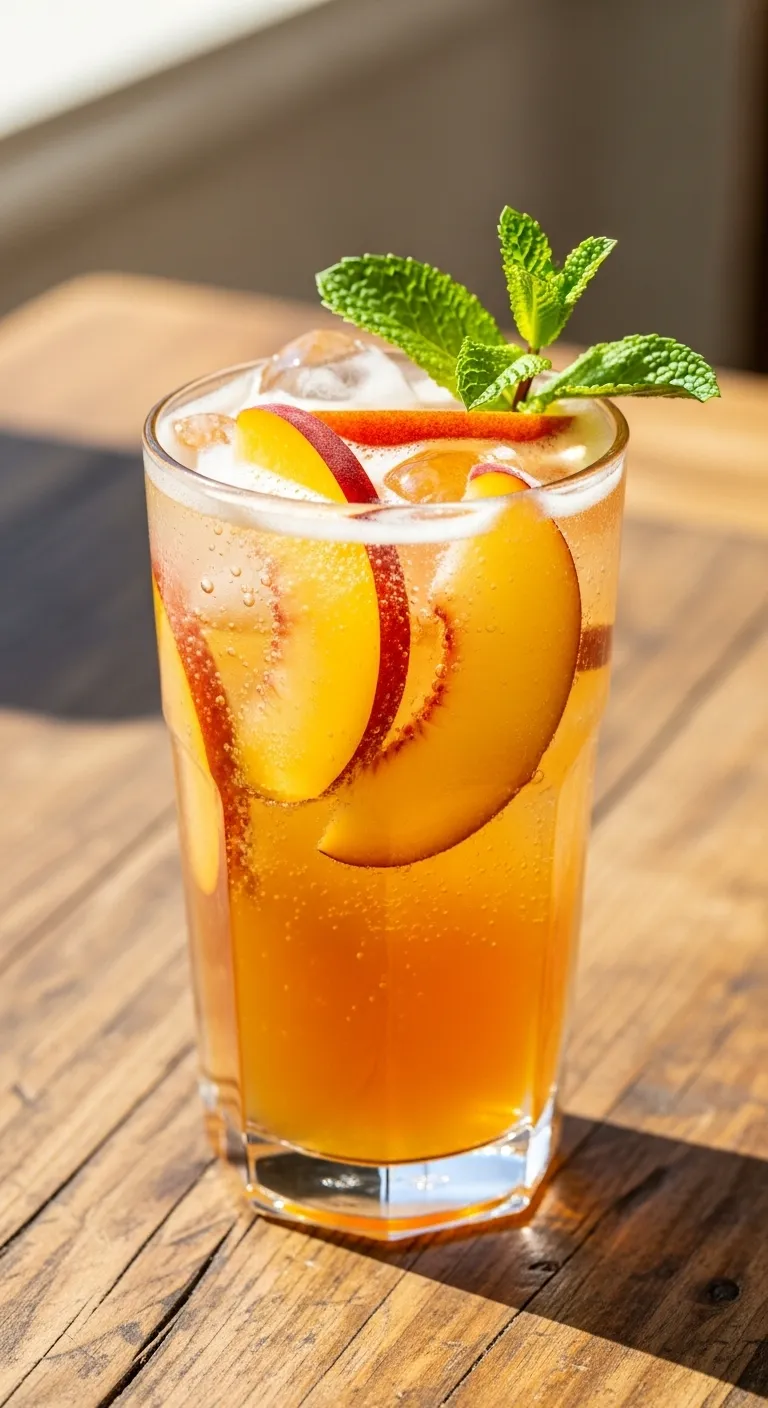 A tall glass of chilled peach ginger fizz garnished with mint