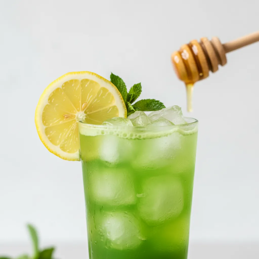 A tall glass of vibrant green matcha lemonade with ice and a lemon garnish on a white table.