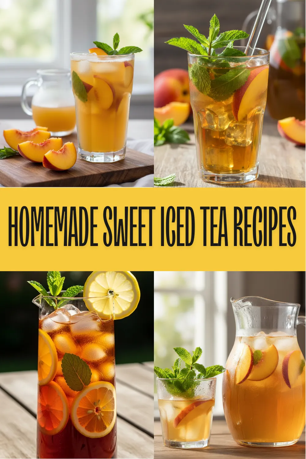 A pitcher and glass of crystal-clear Southern sweet iced tea with lemon and mint on a wooden table.
