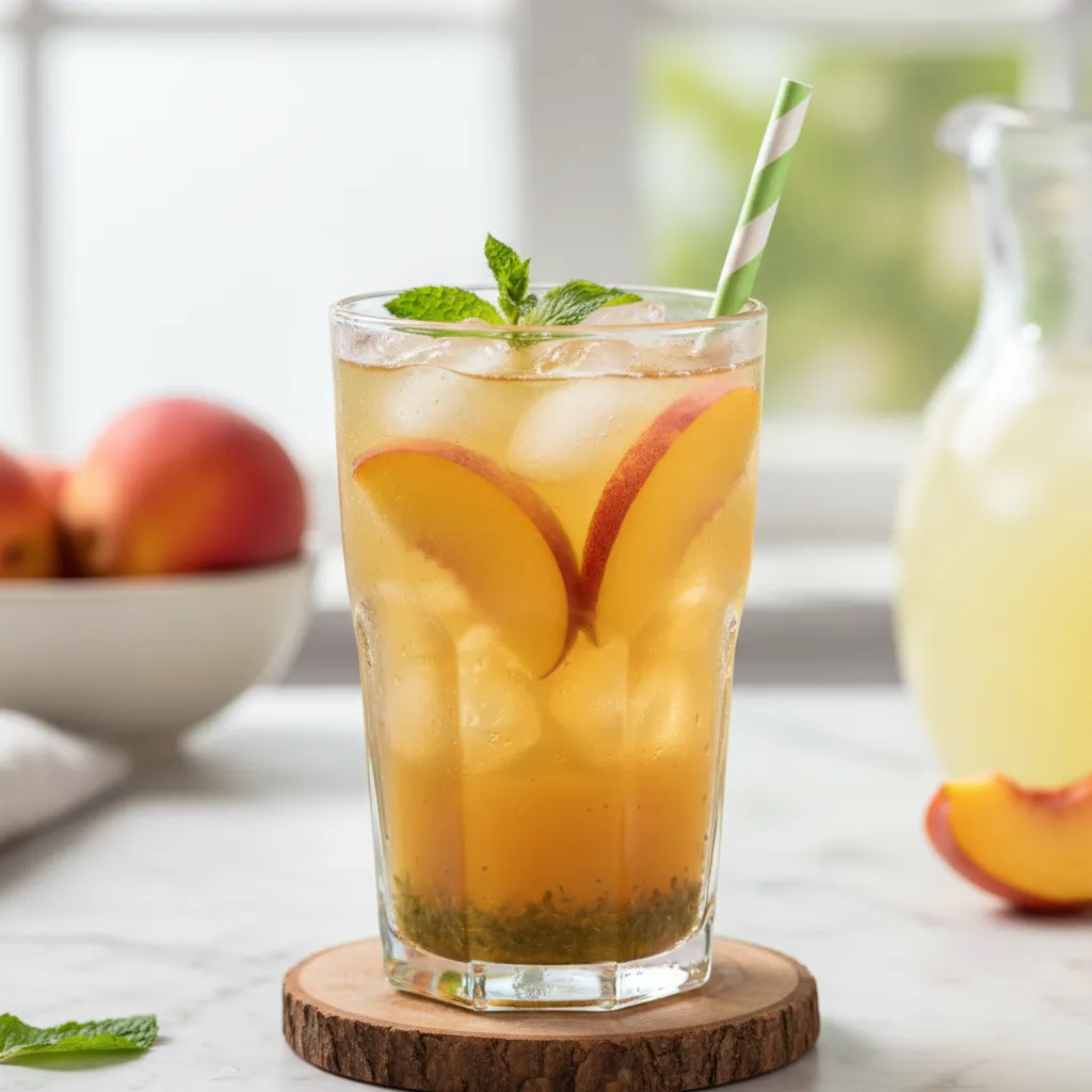 A glass of peach green tea lemonade with ice and peaches