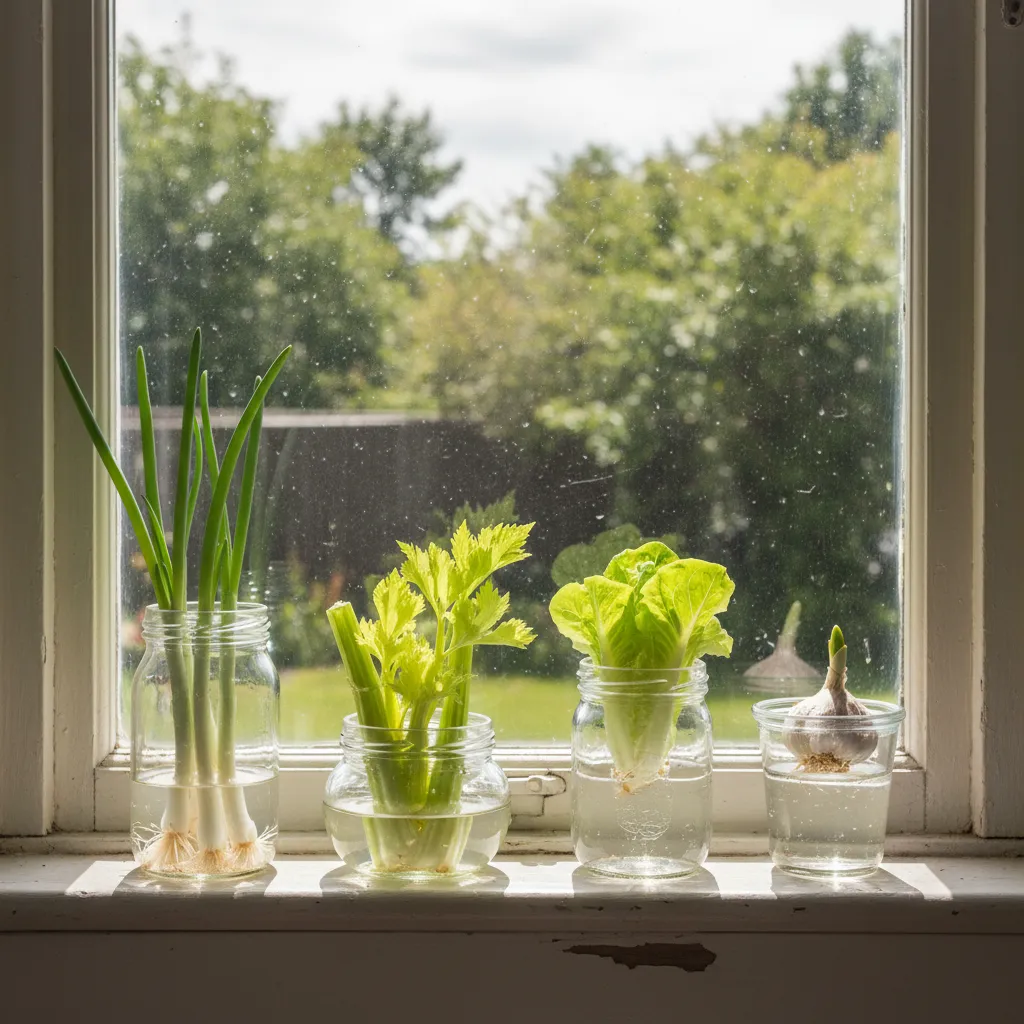 Scallions and celery regrowing in water jars on a sunny windowsill