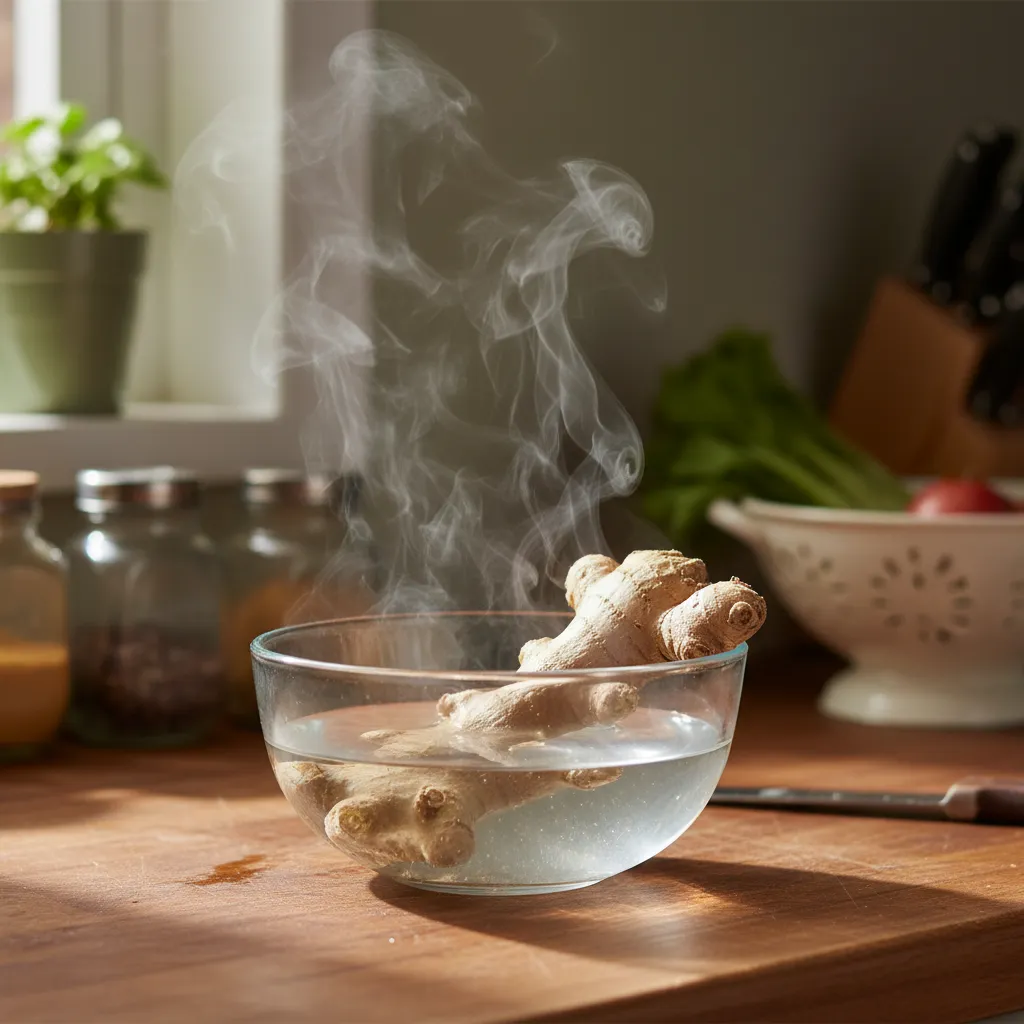 Ginger root submerged in a bowl of hot water to rehydrate skin