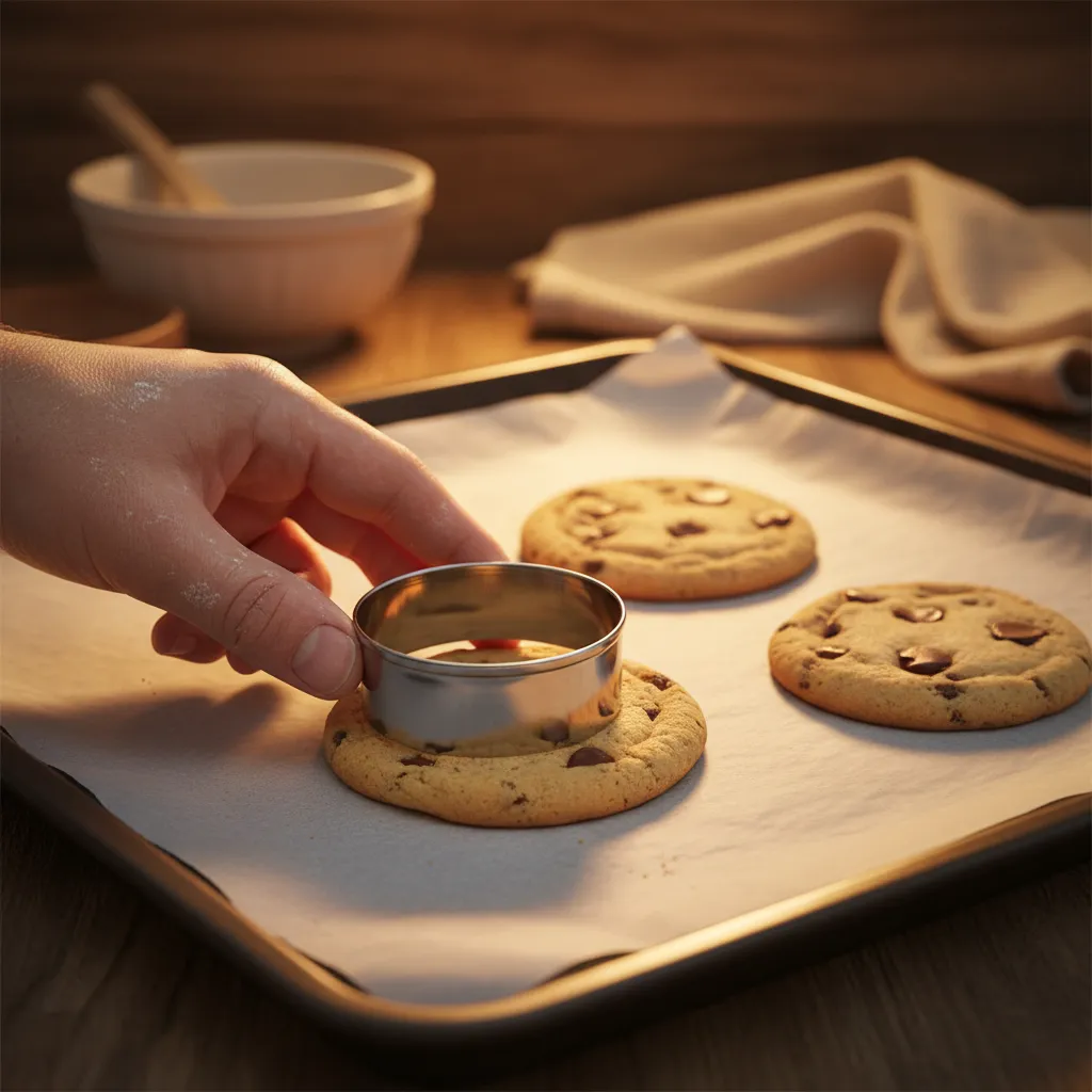 Baker using the cookie scoot trick with a round cutter to fix flat cookies