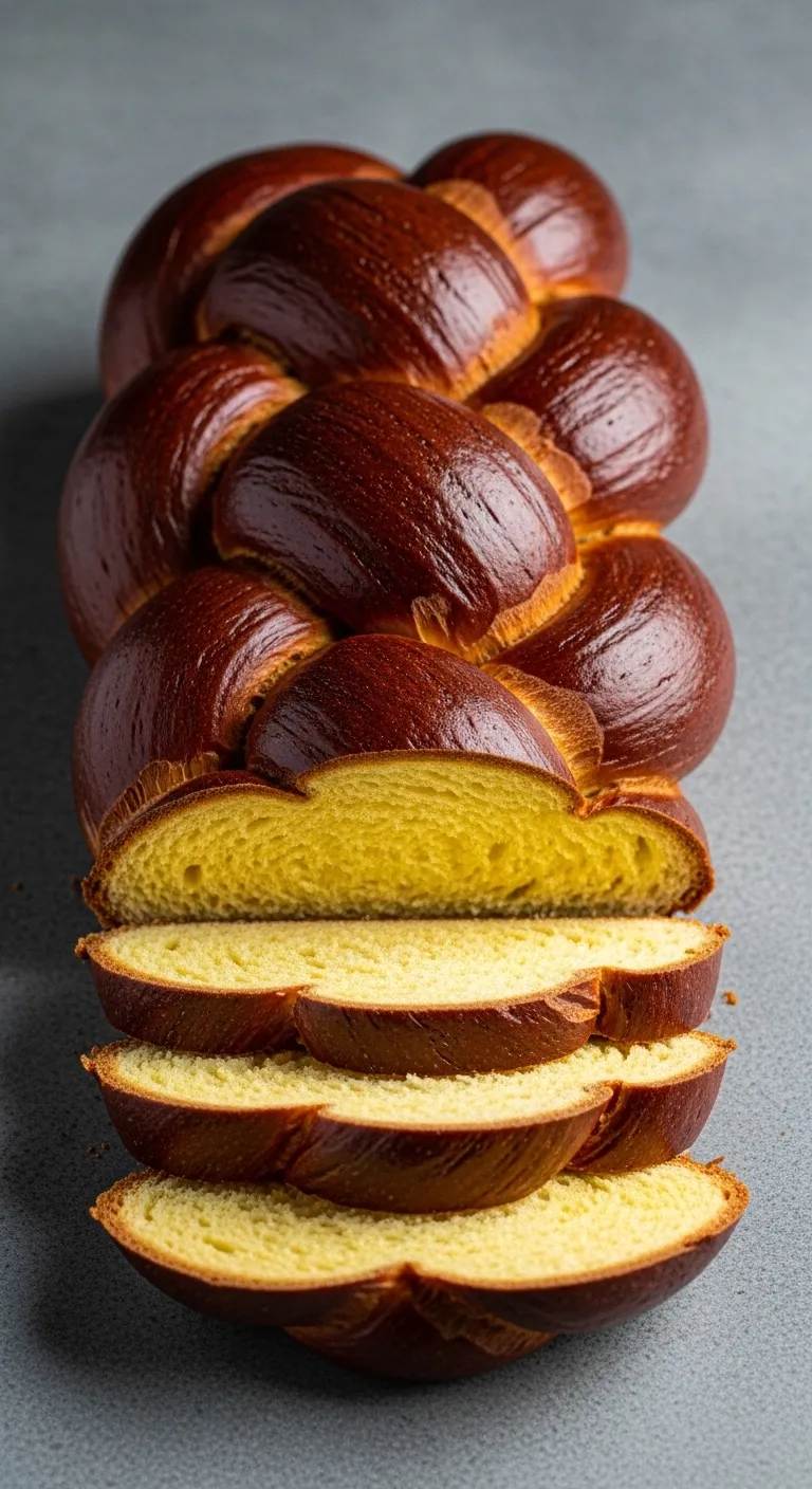 Golden braided challah bread loaf on a cooling rack