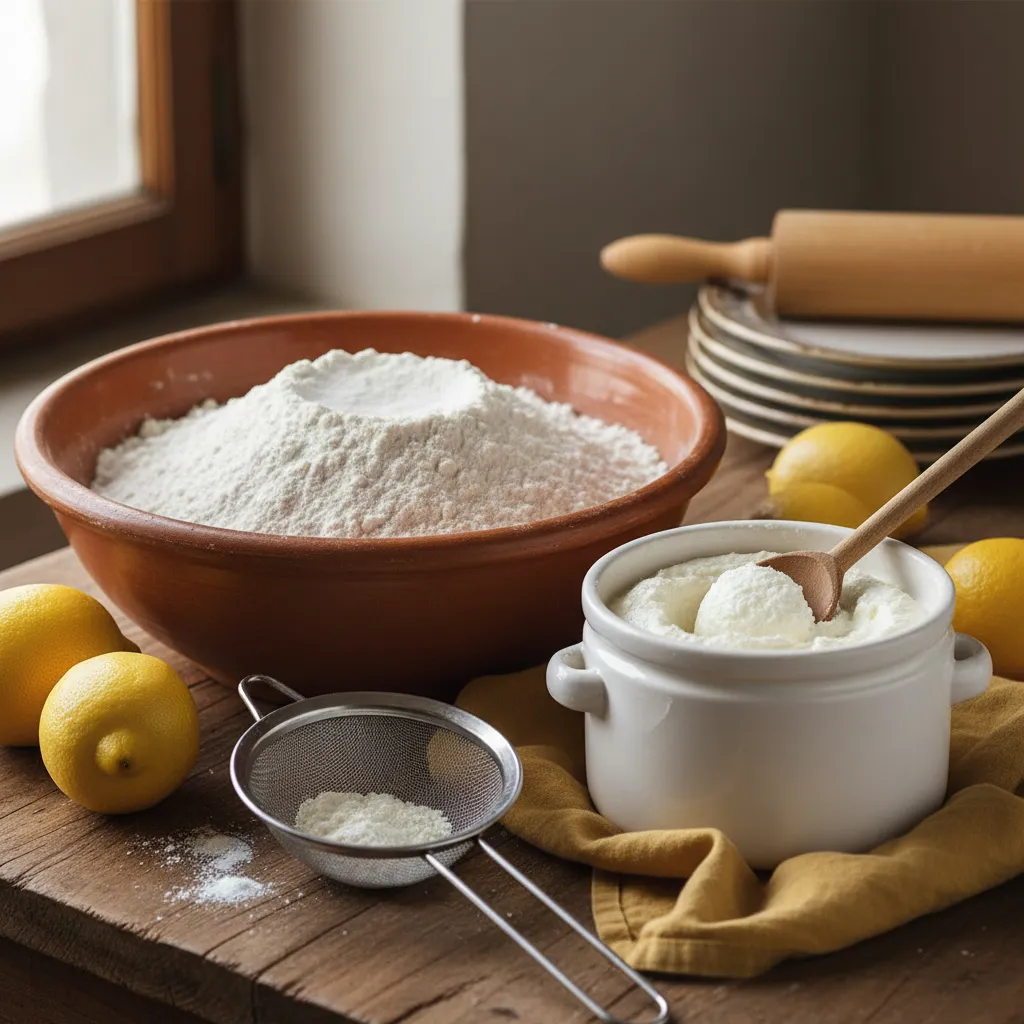 Ingredients for lemon ricotta cookies including ricotta cheese and flour
