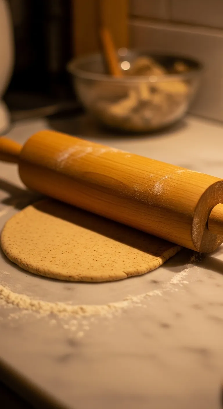 Wooden rolling pin flattening chilled gingerbread dough on a floured marble countertop