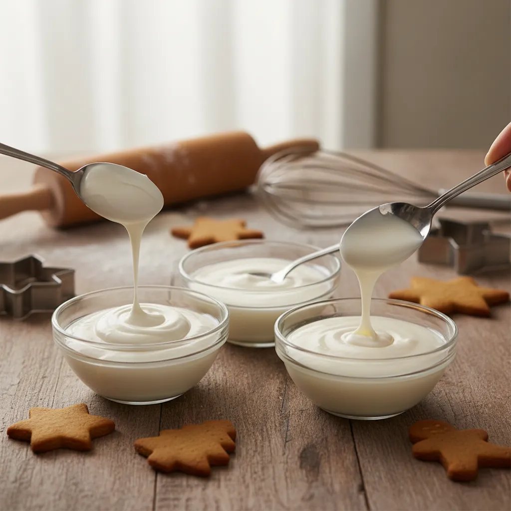 Three bowls showing stiff, piping, and flood consistency royal icing