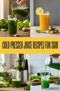 A fresh glass of green cold pressed juice surrounded by kale, cucumber, and ginger ingredients.
