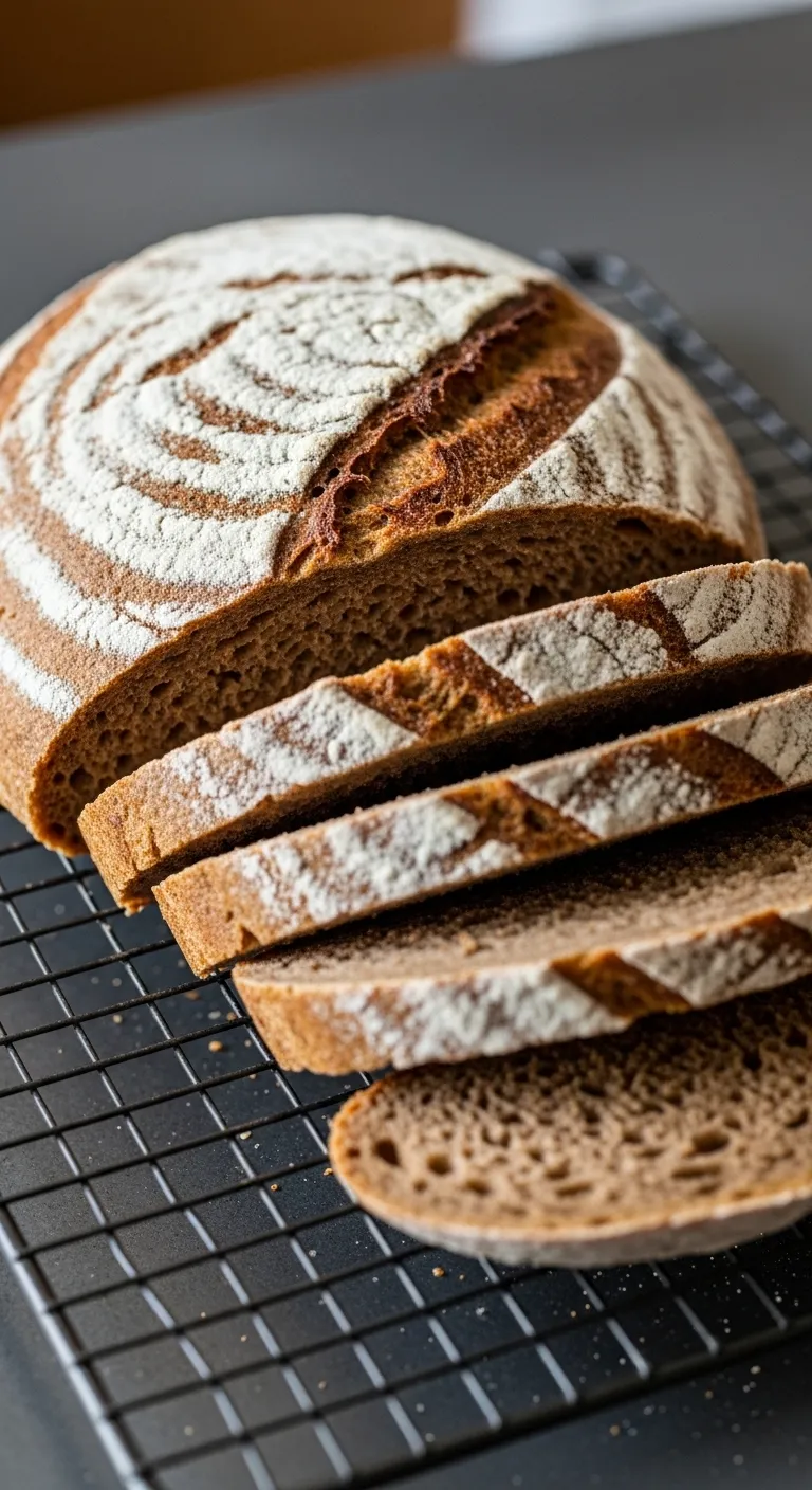 Sliced savory rye bread made with pickle juice showing texture
