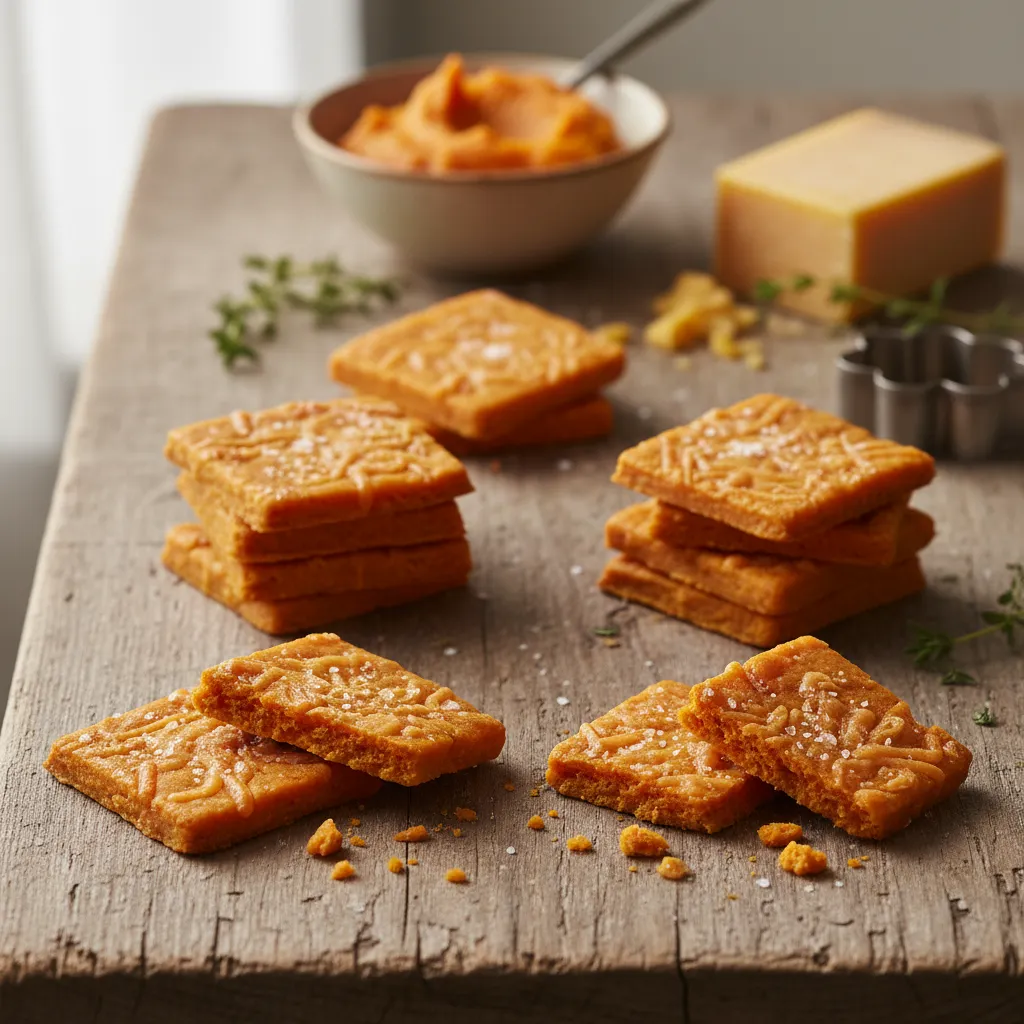 Stack of homemade sweet potato and cheddar crackers on a wooden board