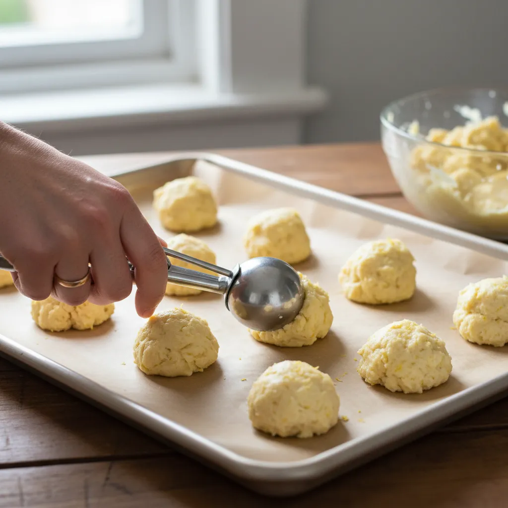 A baker scooping lemon ricotta cookie dough onto a baking sheet