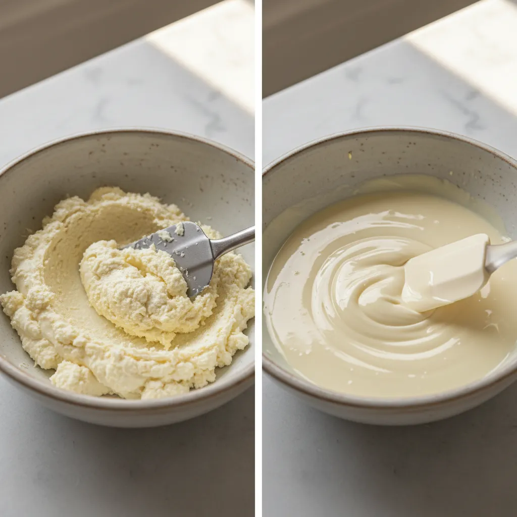 comparison of seized clumpy chocolate and smooth melted chocolate