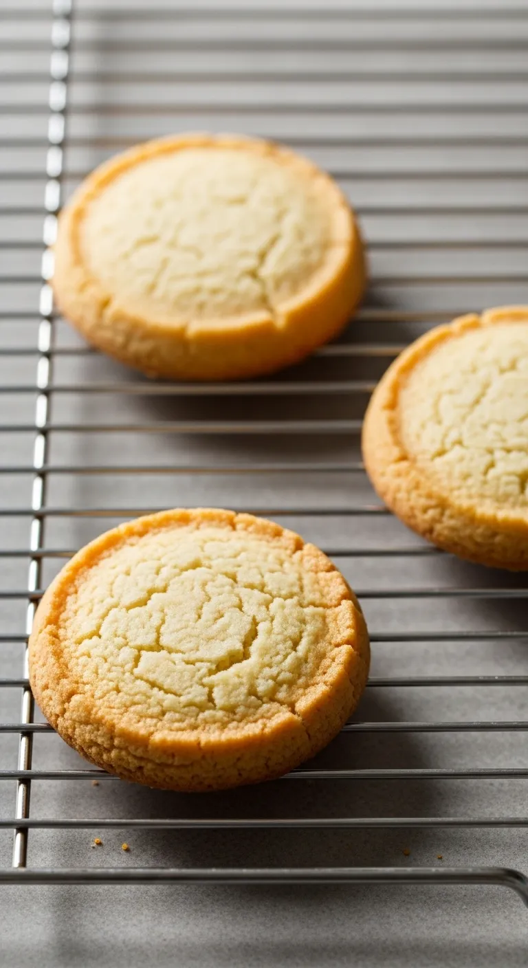 Three round shortbread cookies cooling on a wire rack