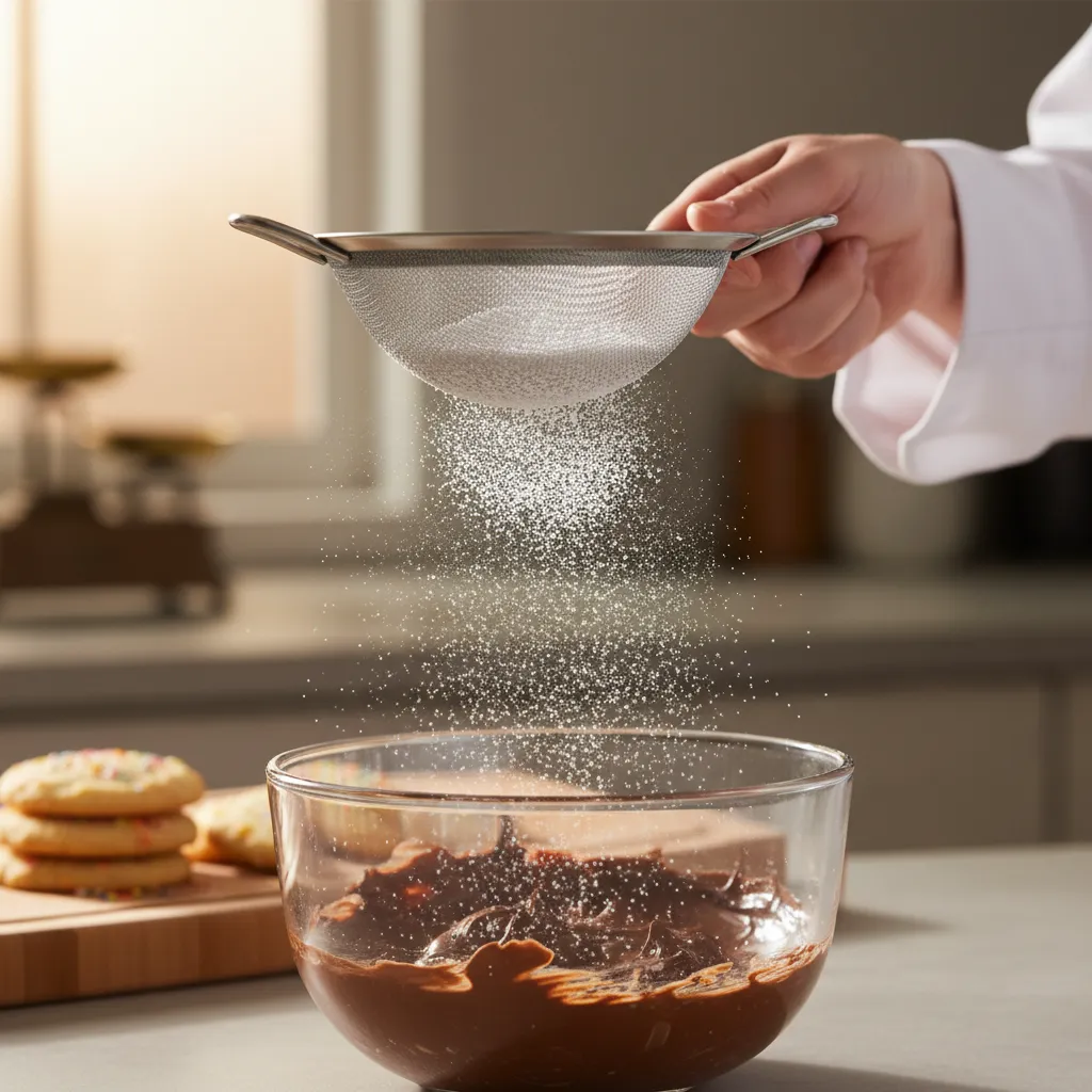 sifting powdered sugar to prevent grainy fudge texture