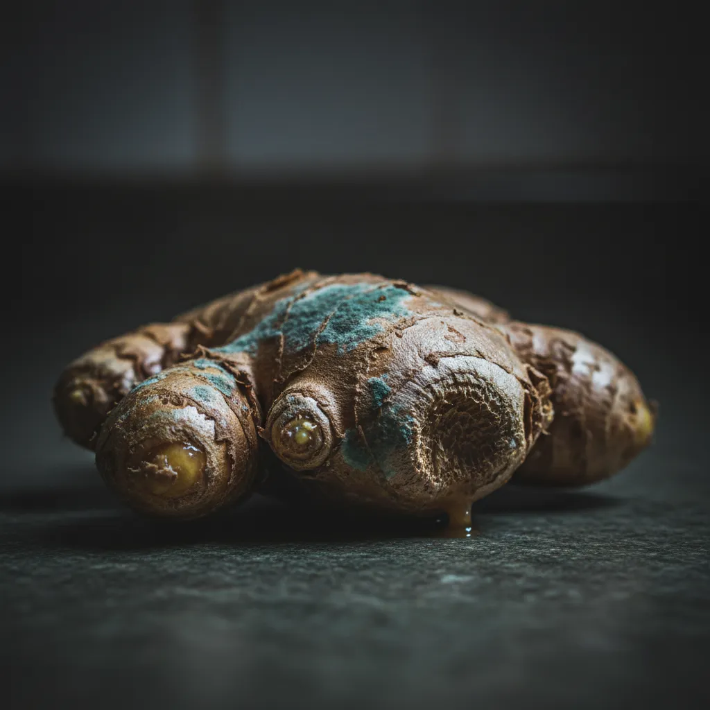 Close up view of moldy and mushy ginger root indicating spoilage