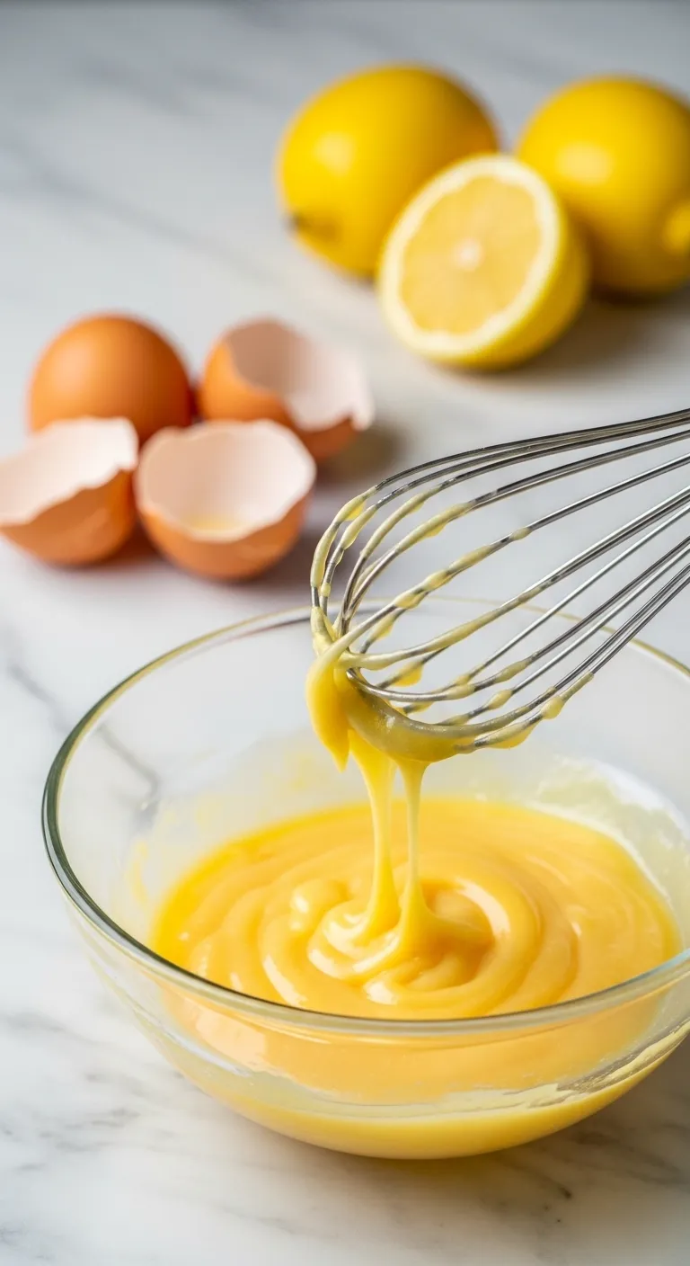 Whisk lifting smooth lemon curd made from leftover egg yolks