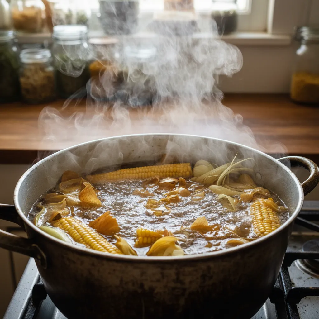 Pot of simmering corn cobs and onion skins making vegetable stock