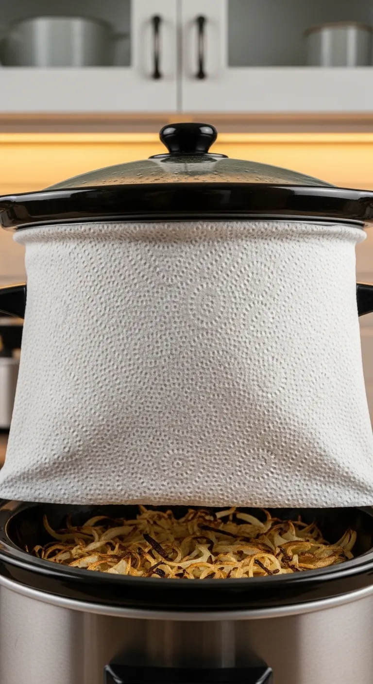 Paper towel placed under slow cooker lid to prevent green bean casserole from getting soggy