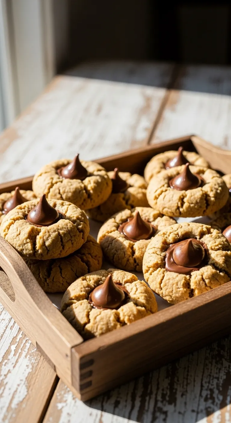 Close up of soft and chewy oat flour peanut butter blossom cookies on a wooden tray