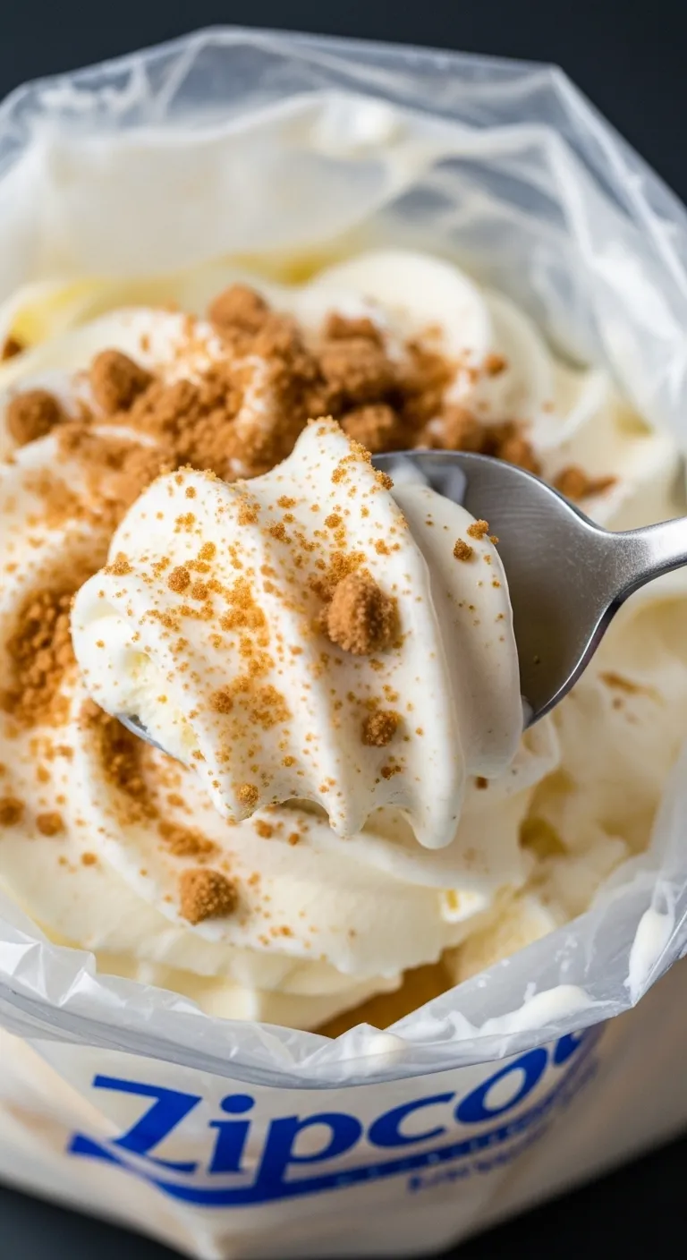 Spoonful of homemade bag ice cream with cookie topping