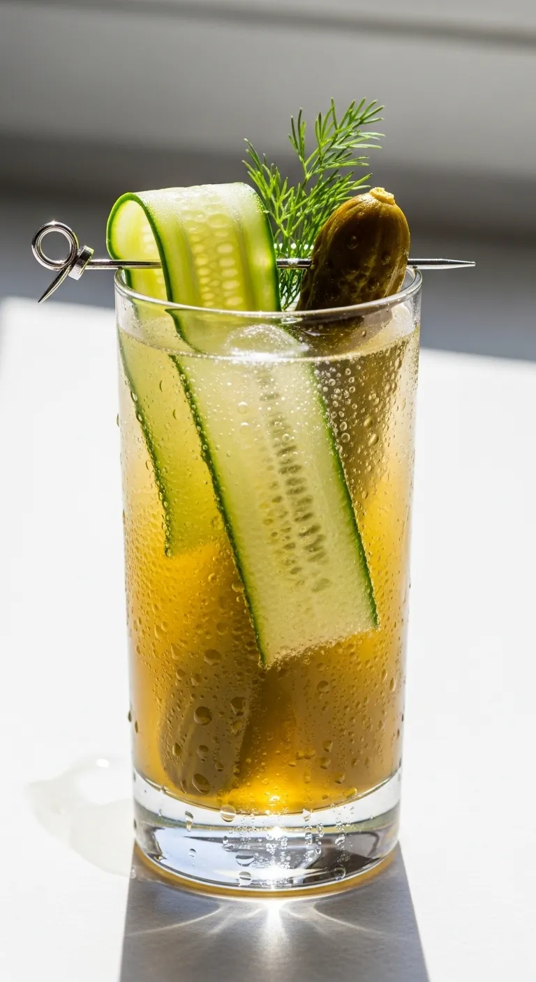 Refreshing sparkling pickle juice mocktail with cucumber garnish