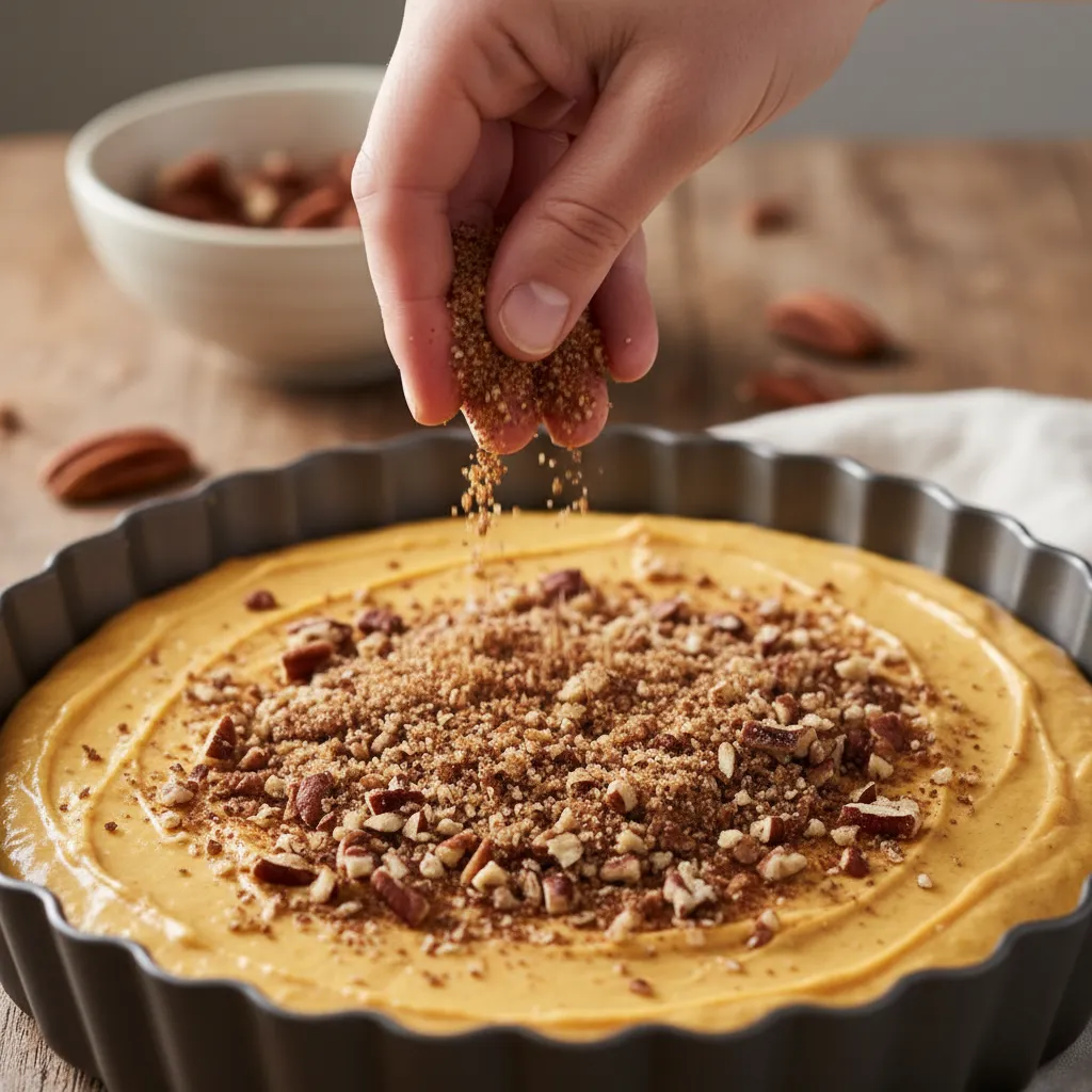 A close-up view of pecan streusel being added to pumpkin cake batter before baking.