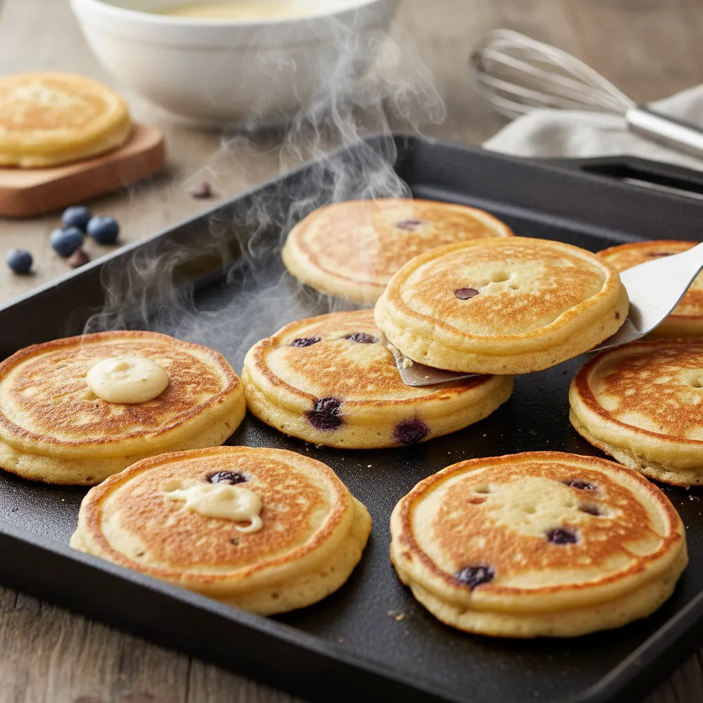 Pancakes browning on a griddle with tiny bubbles on the surface.