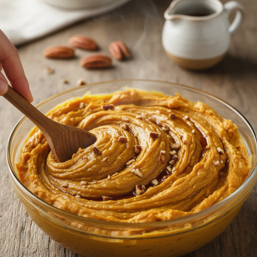 Mashing sweet potatoes for a healthy casserole recipe